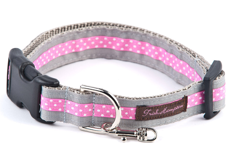 Grey/Hot Pink Polka Dog Collar