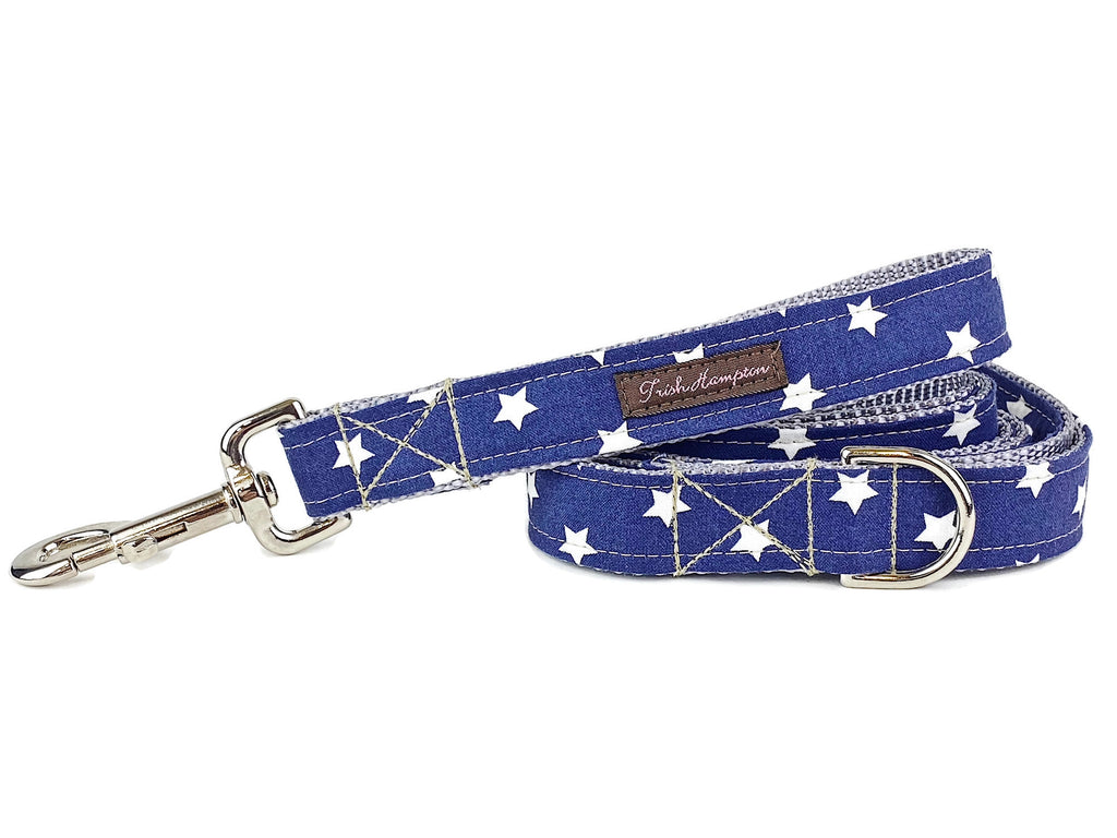 Stars American Dog Lead Leash, blue fabric, white stars